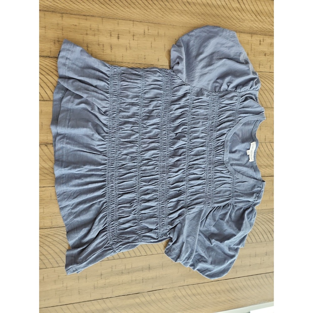 Jane + Delancey Blouse XL Blue Gray Puff Sleeve Smocked Cotton Coastal Boho Chic - Picture 14 of 14